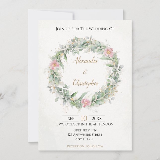 Invitación floral de Rubor Pink Gold Greeneration (Anverso)