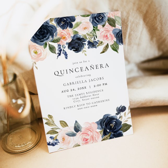 Invitación Floral de Rubor Romántica y Dulce Naval Quinceañer (Subido por el creador)