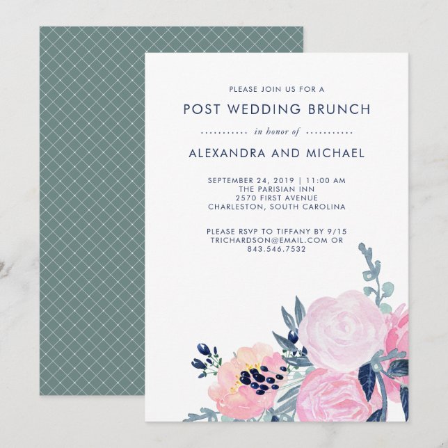 Invitación Floral de Rubor y Marina | Post Boda Brunch (Anverso / Reverso)