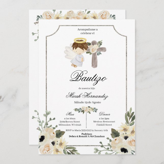 Invitación floral de Silver Cross Mi Bautizo (Anverso / Reverso)