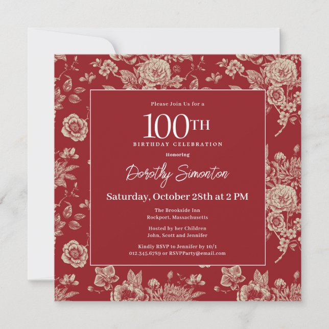 Invitación Floral de tela roja oscura 100 cumpleaños caída (Anverso)