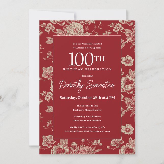 Invitación Floral de tela roja oscura 100 cumpleaños caída (Anverso)
