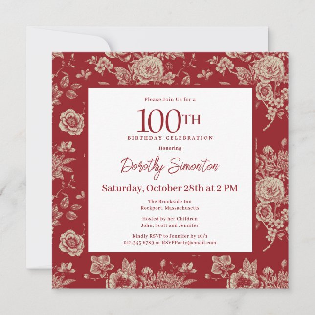 Invitación Floral de tela roja oscura 100 cumpleaños caída (Anverso)