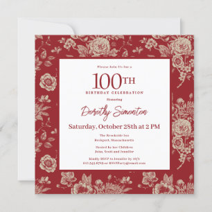 Invitación Floral de tela roja oscura 100 cumpleaños caída