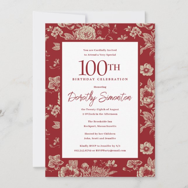 Invitación Floral de tela roja oscura 100 cumpleaños caída (Anverso)