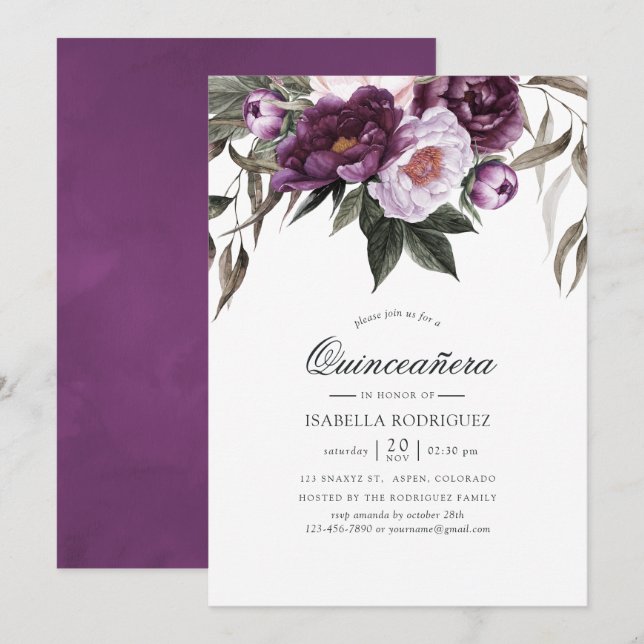 Invitación Floral de terciopelo profundo Quinceañera (Anverso / Reverso)