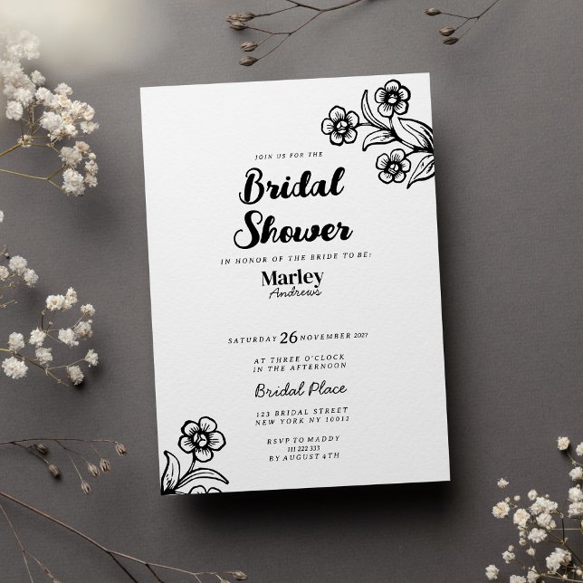 Invitación Floral de tipografía blanca en negrita Bridal Show (Bold black white typography floral Bridal Shower)