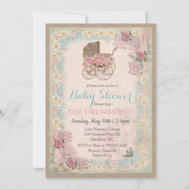 Invitación floral de transporte de Baby Shower vin (Anverso)