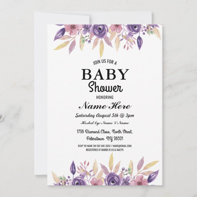 Invitación floral de un niño Chica de Baby Shower (Anverso)