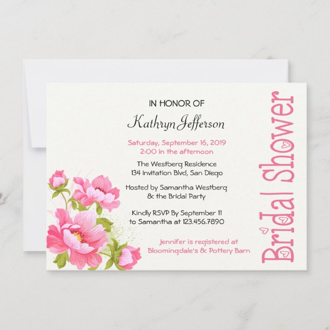 Invitación floral de una novia con ducha rosa peon (Anverso)