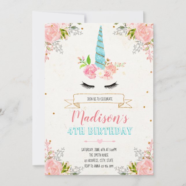 invitación floral de unicornio (Anverso)