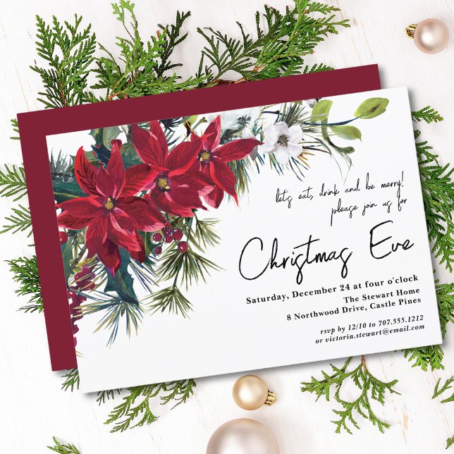 Invitación Floral de vacaciones de Poinsettia | Navidades Eve (Subido por el creador)