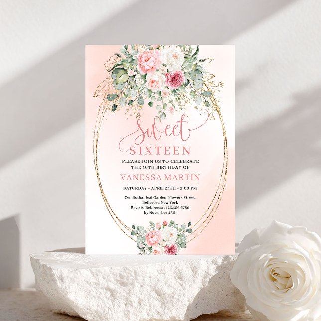 Invitación floral de vegetación con suave rubor pa (Soft Blush Floral Greenery Sweet Sixteen Invitation)