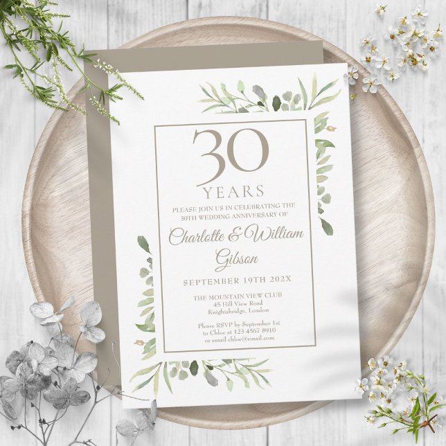 Invitación Floral de vegetación en la perla 30 aniversario Bo (Pearl 30th Wedding Anniversary Greenery Floral Invitation)