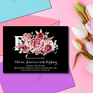 Invitación Floral de vegetación marina roja 40 cumpleaños neg