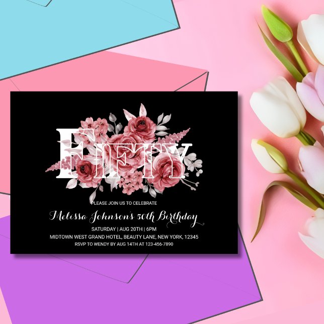 Invitación Floral de vegetación marina roja 50 cumpleaños neg (Subido por el creador)