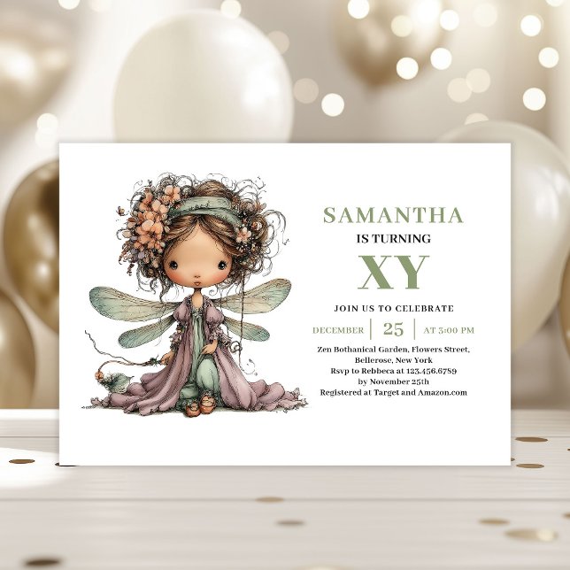 Invitación floral de vegetación para cumpleaños de (Cute Fairy Girl Birthday Greenery Floral Invitation)