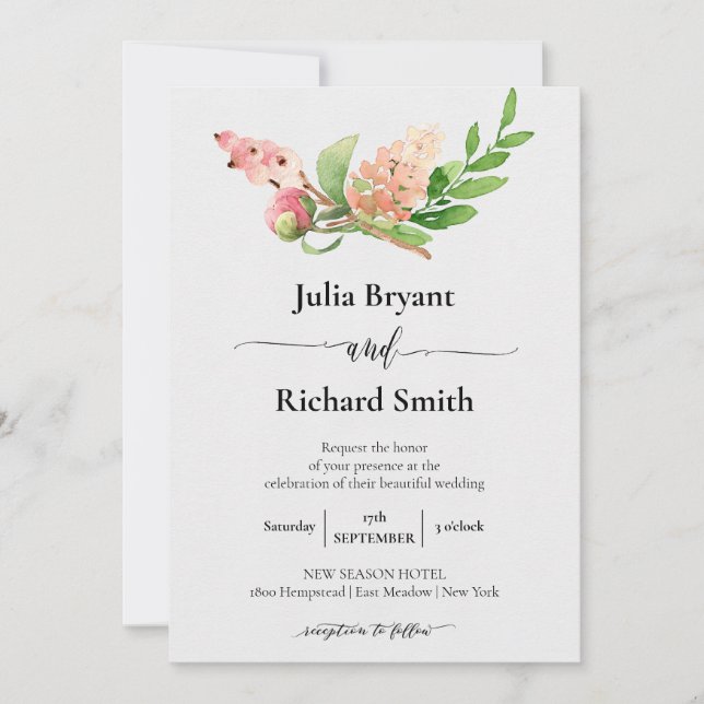 Invitación Floral de verano | Boda De Flor De Berias Rosadas (Anverso)