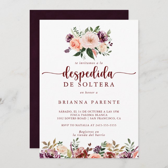 Invitación Floral de verano rústica ducha de novias española (Anverso / Reverso)