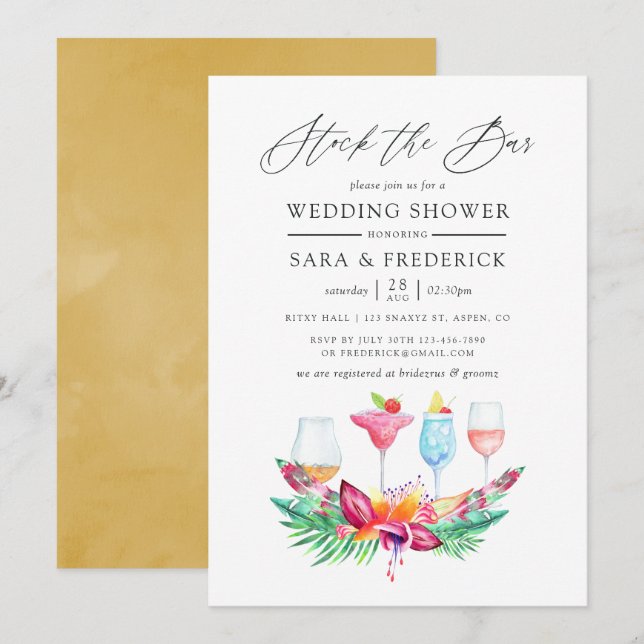 Invitación Floral de Verano Tropical para Abastecer el Bar (Anverso / Reverso)