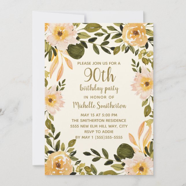 Invitación Floral de Verdor Crema Amarillo Cumpleaños 90 (Anverso)