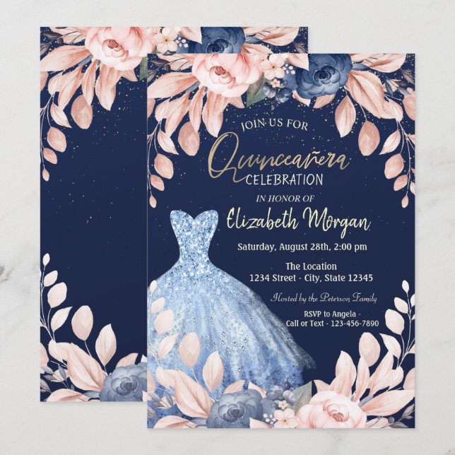 Invitación Floral De Vestido Azul Quinceañera (Anverso / Reverso)
