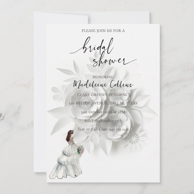 Invitación floral de vestido de novia para despedi (Anverso)