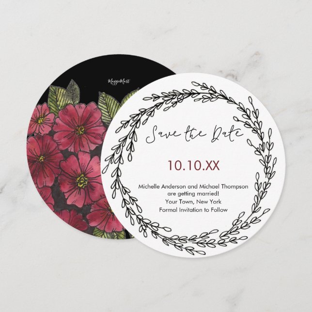 Invitación Floral de vino blanco negro botánico Save the Date (Anverso / Reverso)