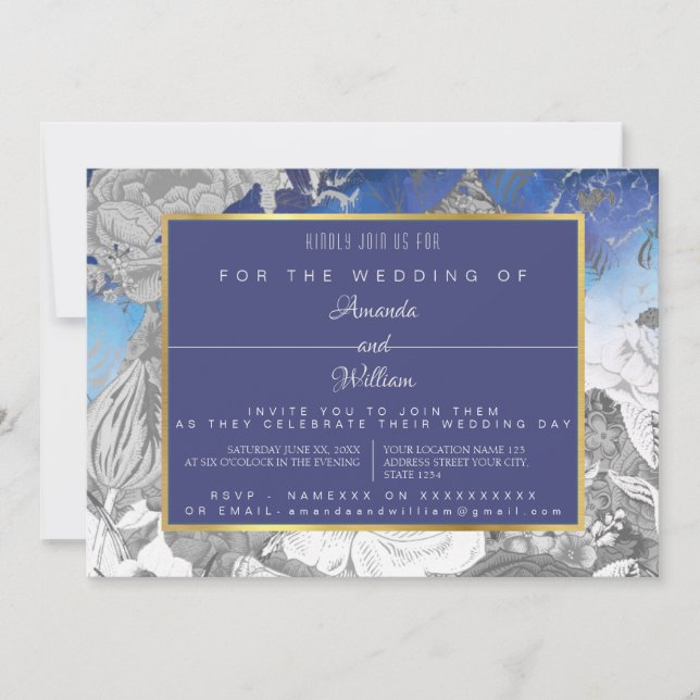 INVITACIÓN FLORAL DE VINTAJE AZUL Y GRIS (Anverso)