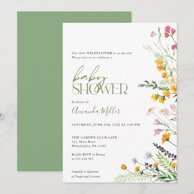 Invitación floral de Wildflowers Baby Shower (Anverso / Reverso)
