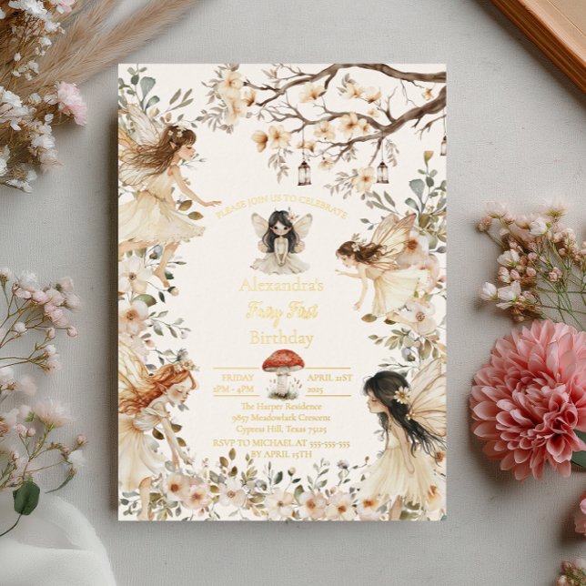 Invitación floral de Woodland Fairy First Birday (Subido por el creador)