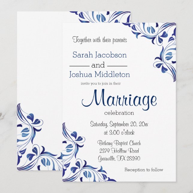 Invitación Floral de zafiro azul en el día moderno (Anverso / Reverso)