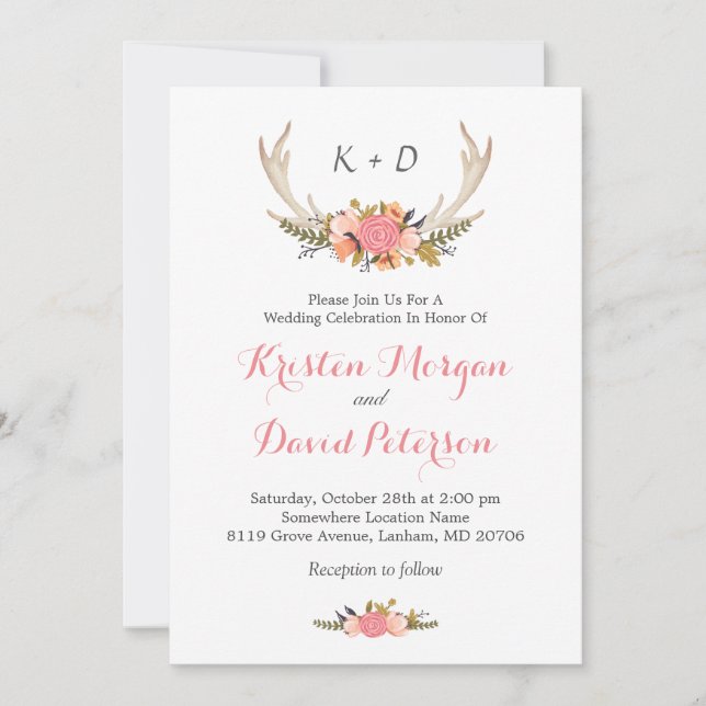 Invitación Floral Deer Antler Boho Moda Boda Celebración (Anverso)