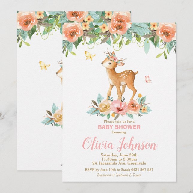 Invitación Floral Deer Baby Shower Woodland Animals Baby Girl (Anverso / Reverso)