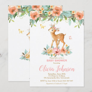 Invitación Floral Deer Baby Shower Woodland Animals Baby Girl