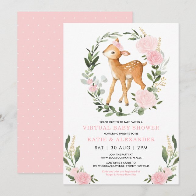Invitación Floral Deer Woodland Greenery Virtual Baby Shower (Anverso / Reverso)