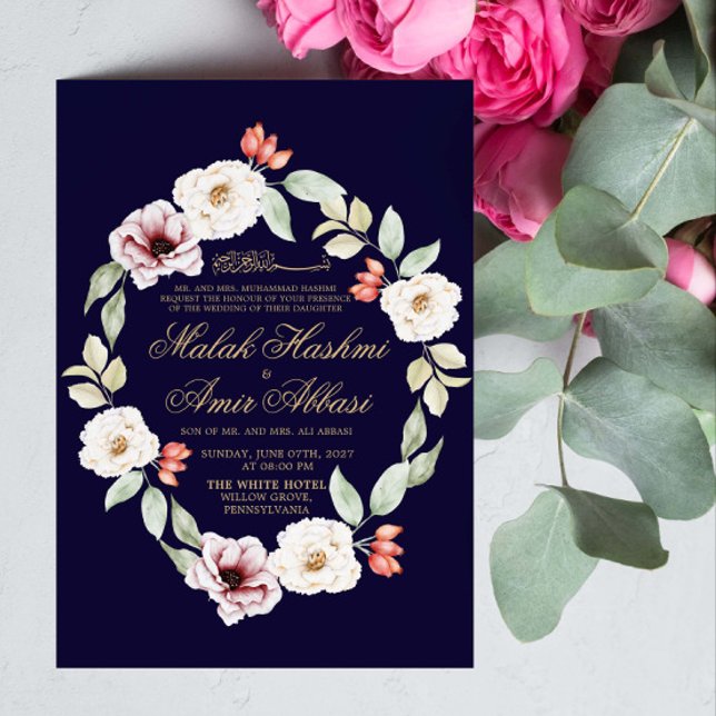 Invitación Floral deja la frontera azul Boda musulmán islámic (Subido por el creador)