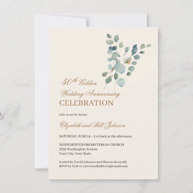 Invitación Floral deja oro 50 aniversario Boda (Anverso)
