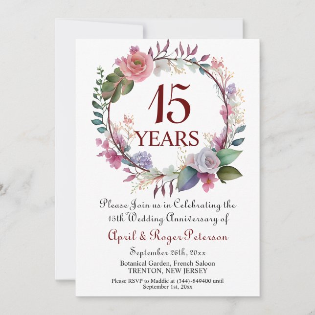 Invitación Floral del 15 aniversario de Crystal Boda (Anverso)