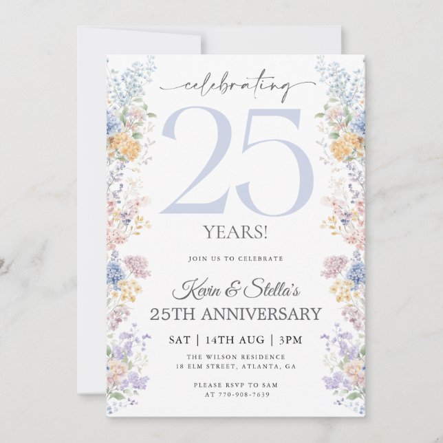 Invitación floral del 25º aniversario con foto (Anverso)