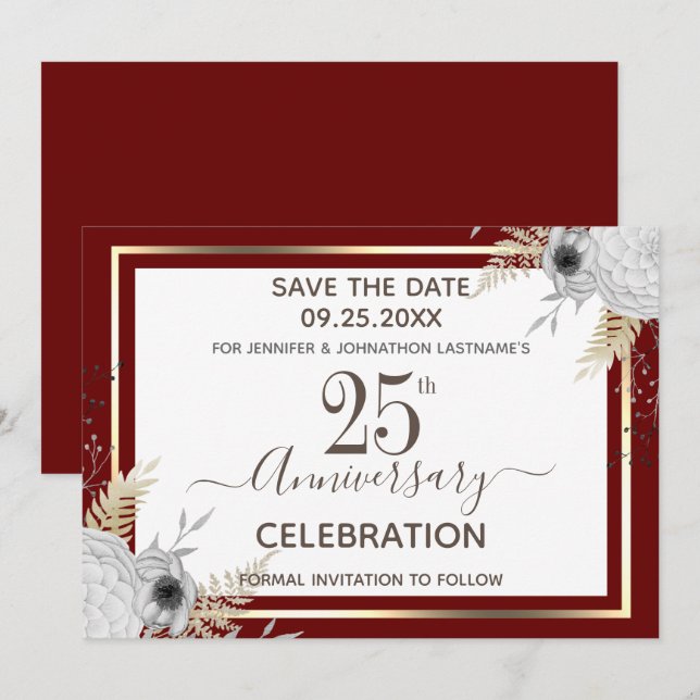 Invitación Floral del 25 aniversario Boda salva la fecha Invi (Anverso / Reverso)