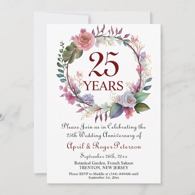 Invitación Floral del 25° Aniversario del Boda de Plata (Anverso)