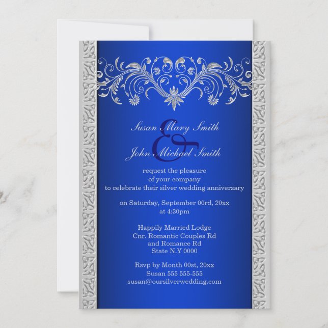 Invitación Floral del aniversario del boda de plata azul (Anverso)