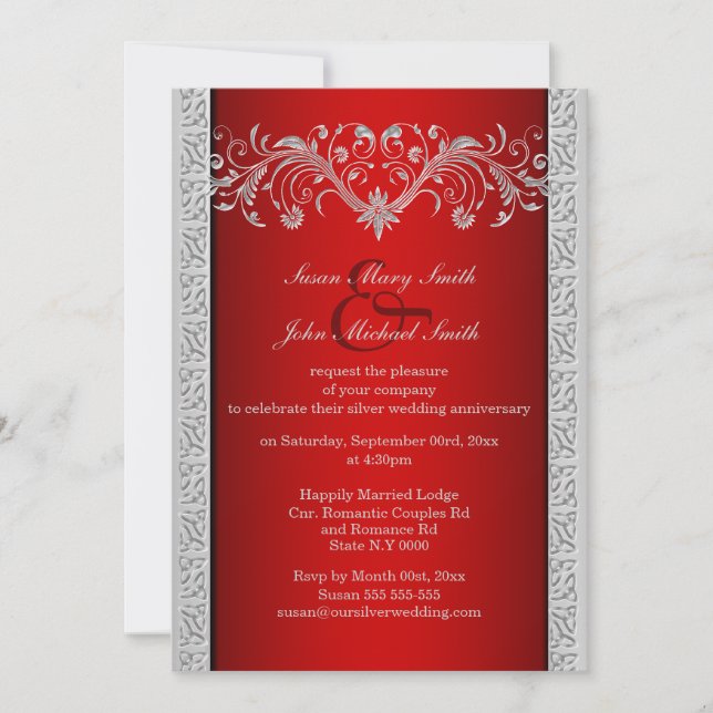 Invitación Floral del aniversario del boda de plata roja (Anverso)