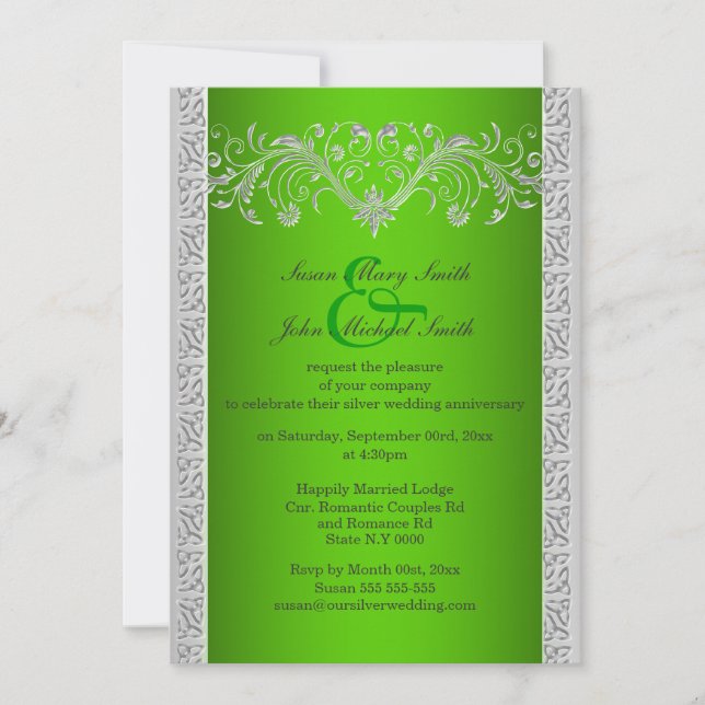 Invitación Floral del aniversario del boda de plata verde (Anverso)
