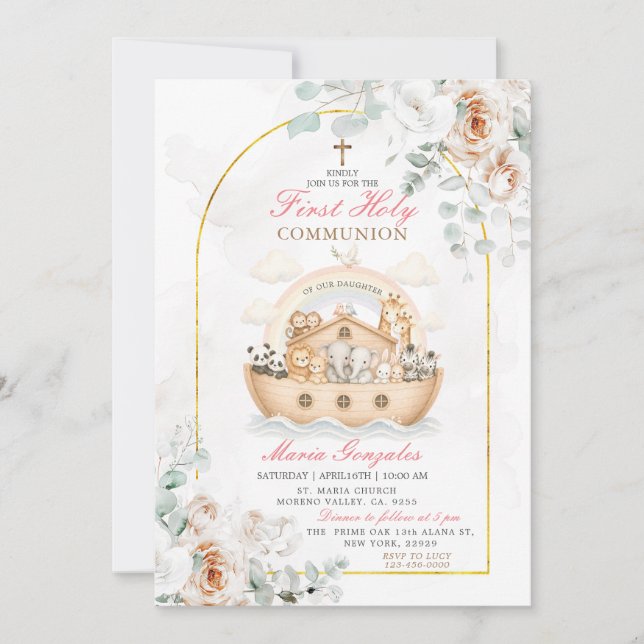 Invitación floral del Arca de Oro para Bautizo Arc (Anverso)