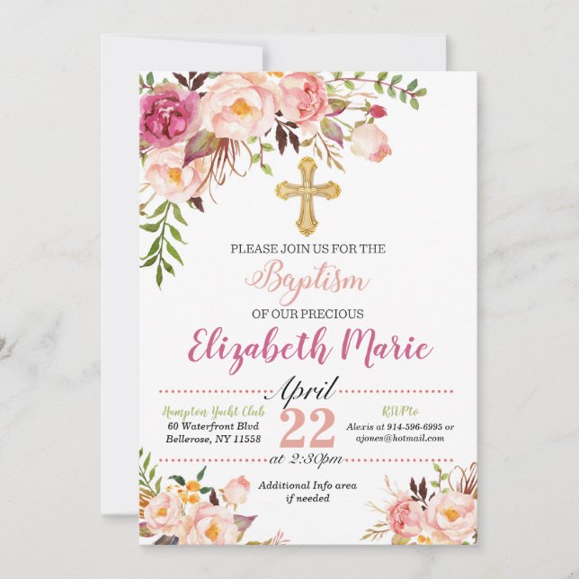 Invitación floral del bautismo - chica (Anverso)