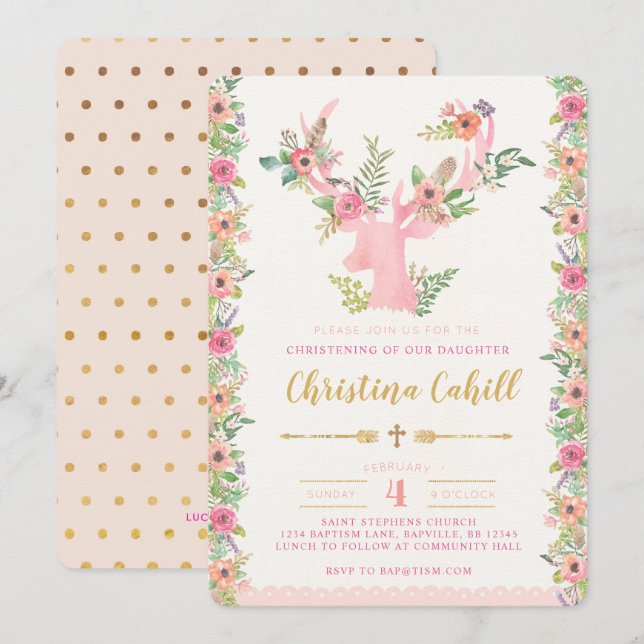 Invitación floral del bautizo de los ciervos de (Anverso / Reverso)