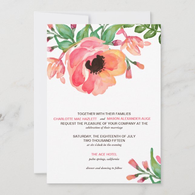 Invitación FLORAL del boda de la ACUARELA MODERNA (Anverso)