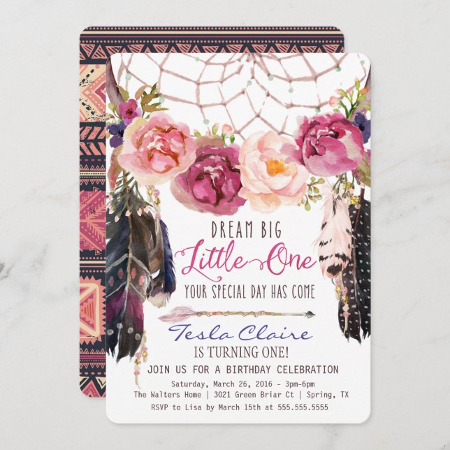 Invitación floral del cumpleaños de Boho (Anverso / Reverso)